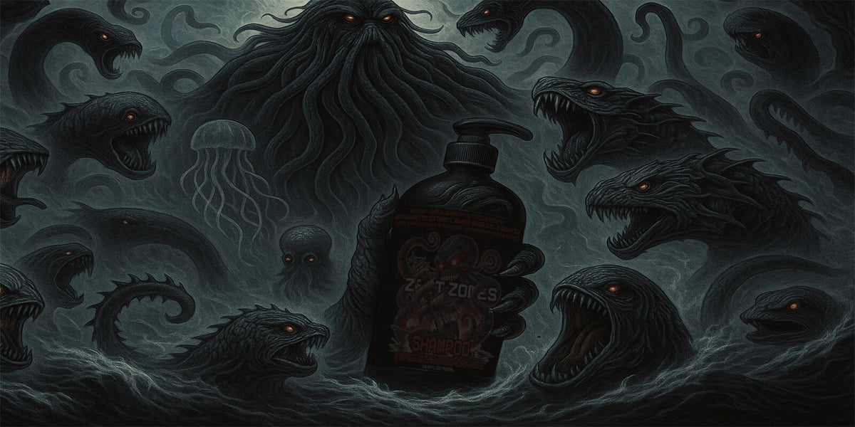 Zest Zones shampoo surrounded by dark sea monster artwork